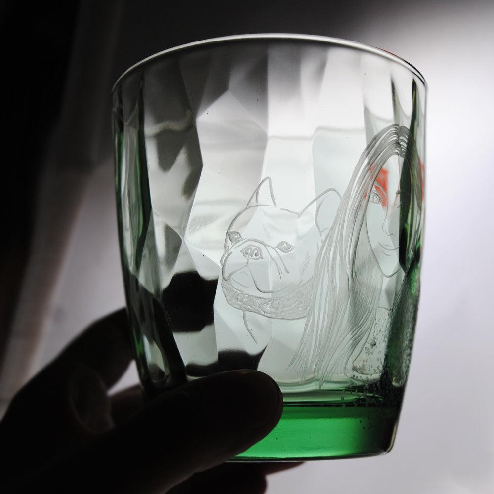 390cc【女孩與寵物】(寫實版) 女朋友畫像 法鬥犬 寵物雕刻 義大利鑽石杯 - MSA玻璃雕刻