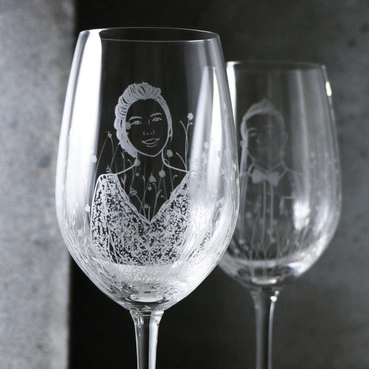 (一對價)425cc【花園婚禮結婚對杯】(寫實版)肖像酒杯組 結婚禮物紅酒杯 - MSA玻璃雕刻