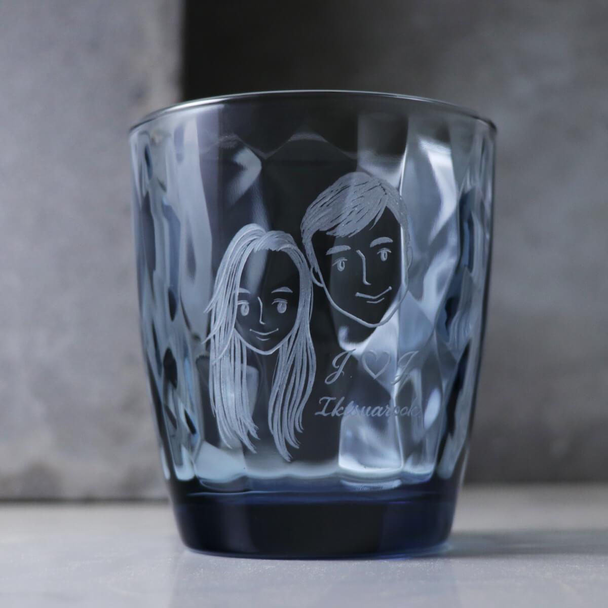 390cc【客製肖像情侶杯】(簡易Q版)2人肖像馬克杯 藍色鑽石杯 - MSA玻璃雕刻