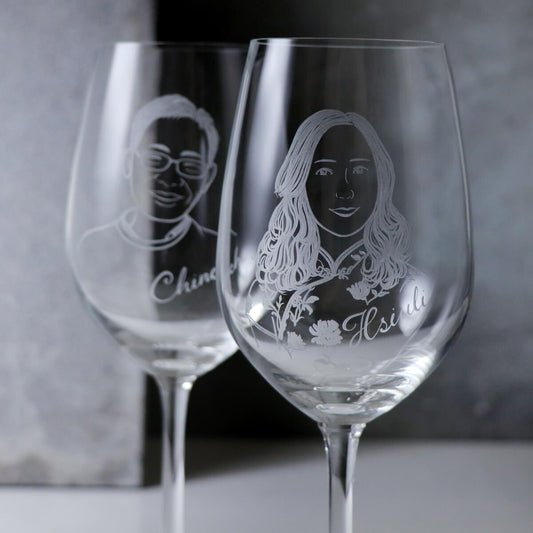 (一對價)425cc【結婚週年紀念對杯】(寫實版)銀婚．夫妻肖像客製紅酒杯 - MSA玻璃雕刻
