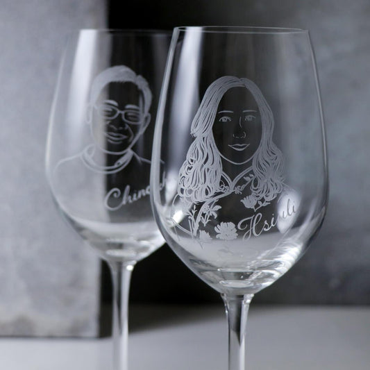 (一對價)425cc【結婚週年紀念對杯】(寫實版)銀婚.夫妻肖像客製紅酒杯 - MSA玻璃雕刻
