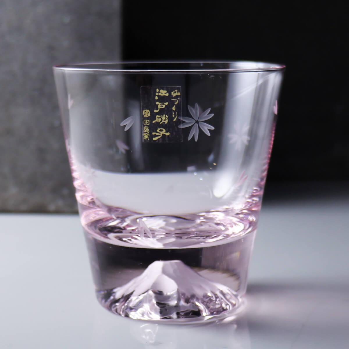 220cc【日本江戶硝子手工雕刻】粉紅櫻花傳統工藝田島硝子富士山杯Fujiグラス (日本桐箱包裝) - MSA玻璃雕刻