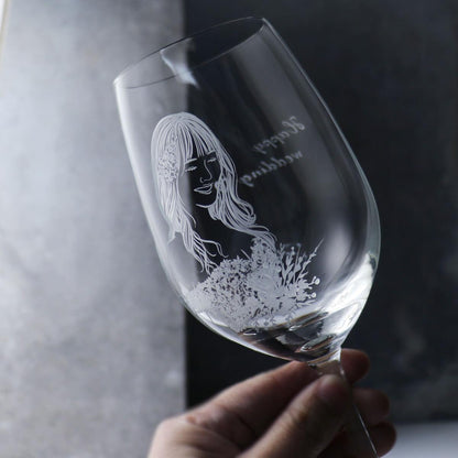 (一對價)425cc【極光精靈婚紗】(寫實版)肖像客製結婚對杯 紅酒杯 - MSA玻璃雕刻