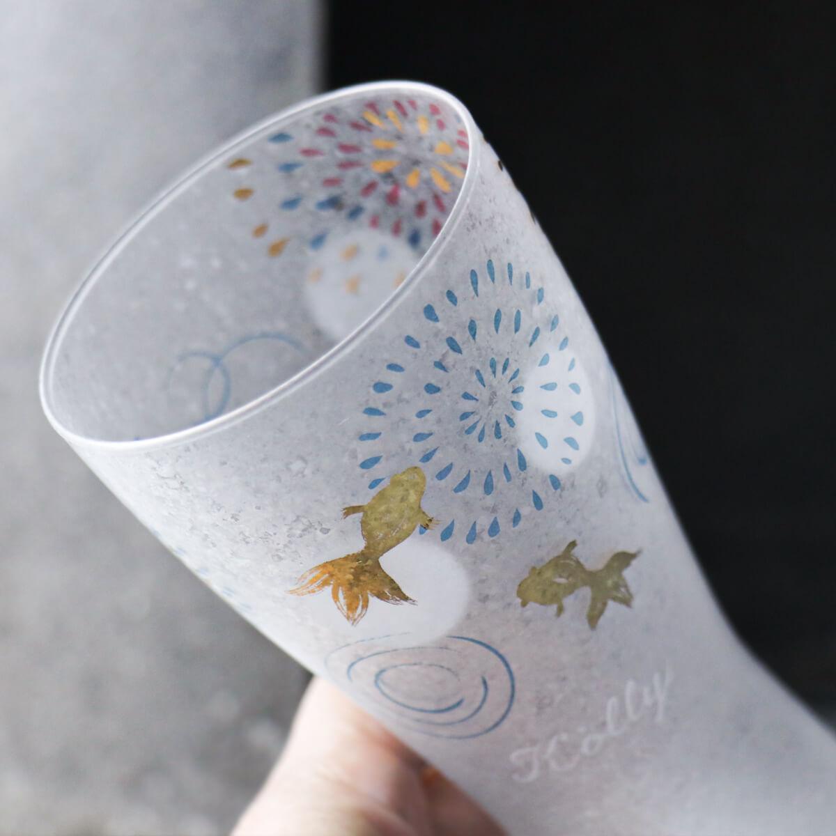 310cc【日本Aderia啤酒杯】夏日祭典 花火金魚 刻字玻璃杯 描金工藝吉祥圖案 - MSA玻璃雕刻