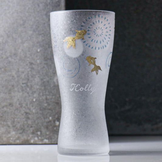 310cc【日本Aderia啤酒杯】夏日祭典 花火金魚 刻字玻璃杯 描金工藝吉祥圖案 - MSA玻璃雕刻