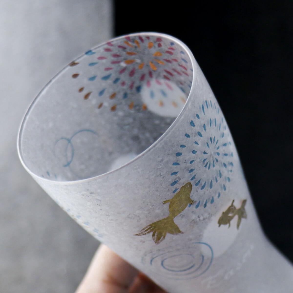 310cc【日本Aderia啤酒杯】夏日祭典 花火金魚 刻字玻璃杯 描金工藝吉祥圖案 - MSA玻璃雕刻