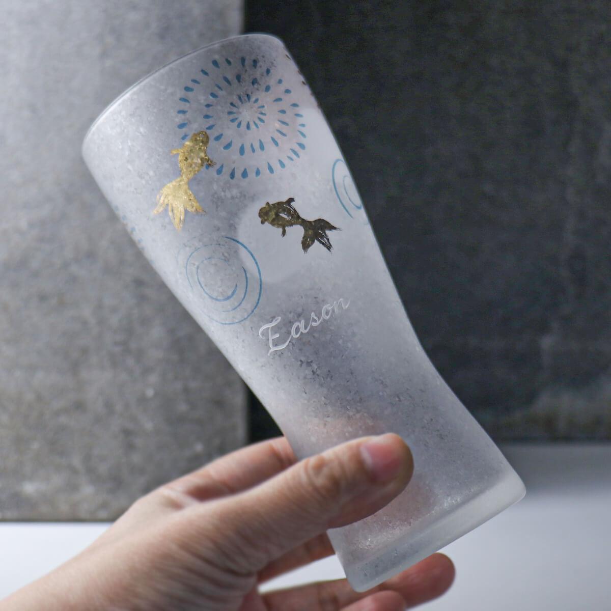 310cc【日本Aderia啤酒杯】夏日祭典 花火金魚 刻字玻璃杯 描金工藝吉祥圖案 - MSA玻璃雕刻