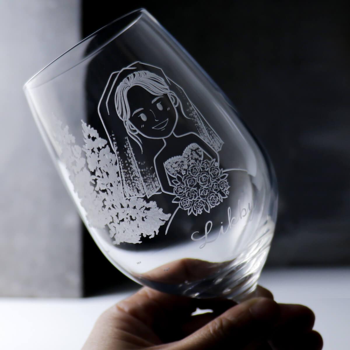 (一對價)350cc【結婚送禮紀念禮物】(簡易Q版)精靈森林 新婚對杯 紅酒杯 - MSA玻璃雕刻