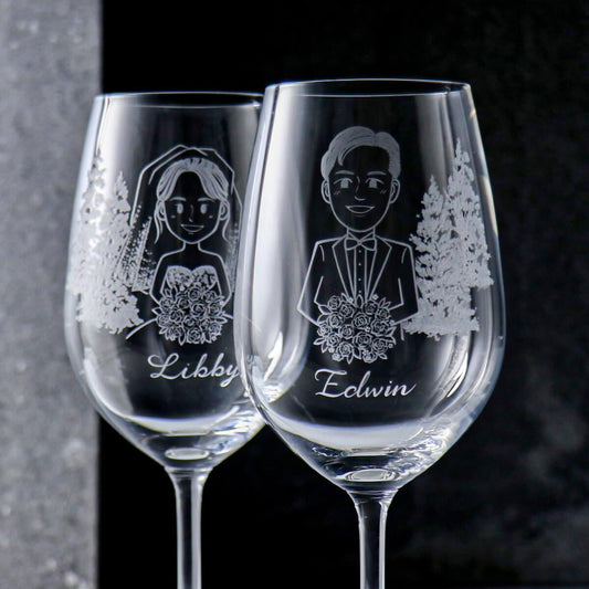(一對價)350cc【結婚送禮紀念禮物】(簡易Q版)精靈森林 新婚對杯 紅酒杯 - MSA玻璃雕刻