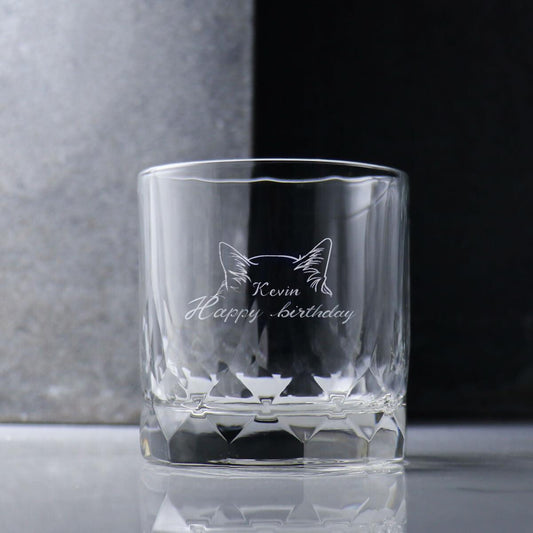 350cc【貓耳杯】鑽石紋寵物貓耳朵客製威士忌杯 貓咪 - MSA玻璃雕刻