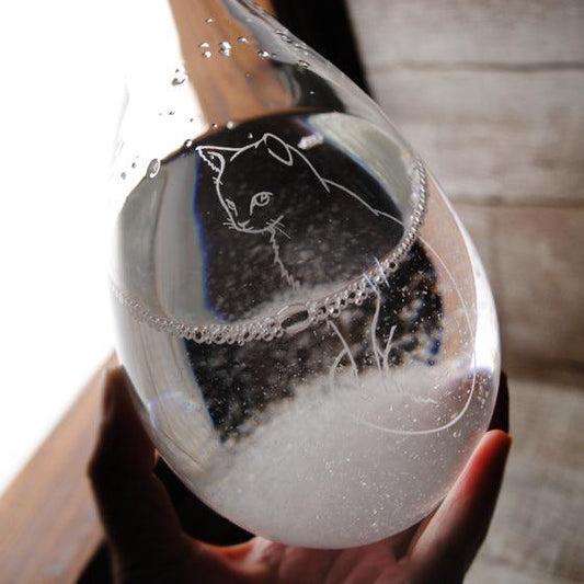 聖誕節【雪貓天氣球】20.5cm日本進口Tempo Drop天氣瓶(含木座) 客製 航海士遇見美麗的氣候瓶 - MSA玻璃雕刻