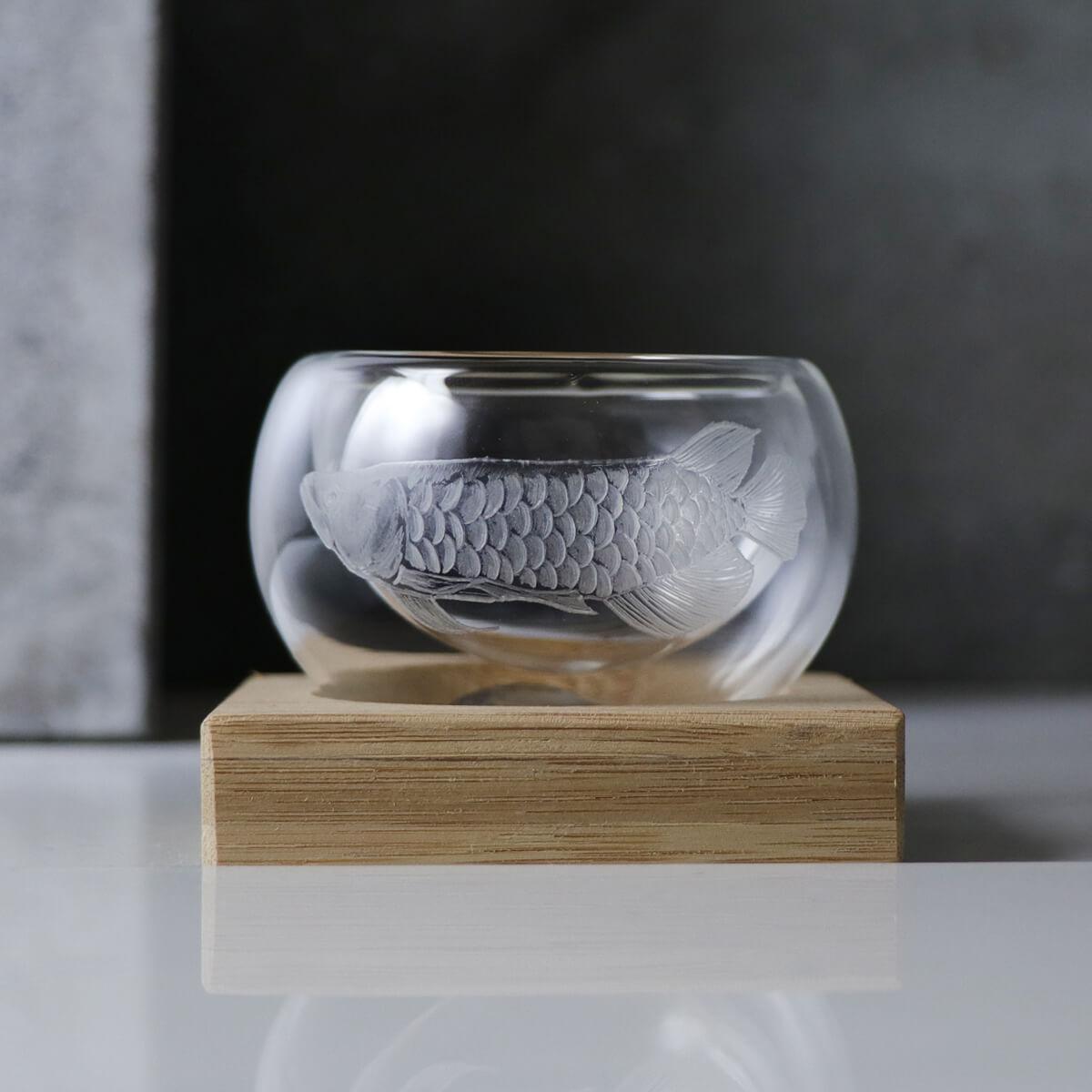 50cc【紅龍】龍魚雕刻雙層茶杯 - MSA玻璃雕刻