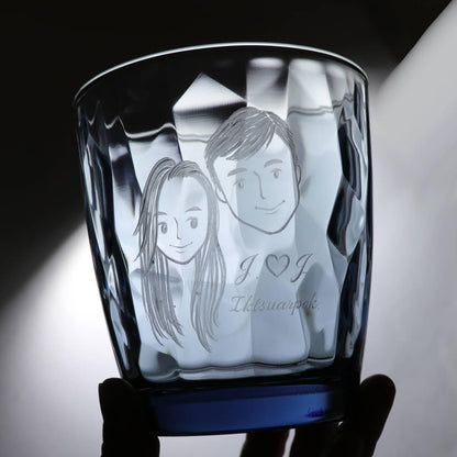 390cc【客製肖像情侶杯】(簡易Q版)2人肖像馬克杯 藍色鑽石杯 - MSA玻璃雕刻