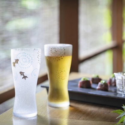 (一對價)310cc【喬遷送禮】日本Aderia夏日祭典 花火金魚 刻字玻璃啤酒對杯 描金工藝吉祥圖案 - MSA玻璃雕刻