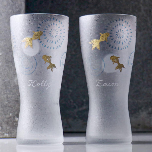 (一對價)310cc【喬遷送禮】日本Aderia夏日祭典 花火金魚 刻字玻璃啤酒對杯 描金工藝吉祥圖案 - MSA玻璃雕刻