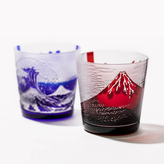 (一對價)150cc【太武朗工房】赤富士與波富士對杯 江戶硝子 - MSA玻璃雕刻