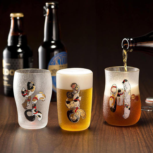 (3入木盒禮盒組)【日本Aderia】江戶貓平假名浮世繪啤酒杯三件組 - MSA玻璃雕刻
