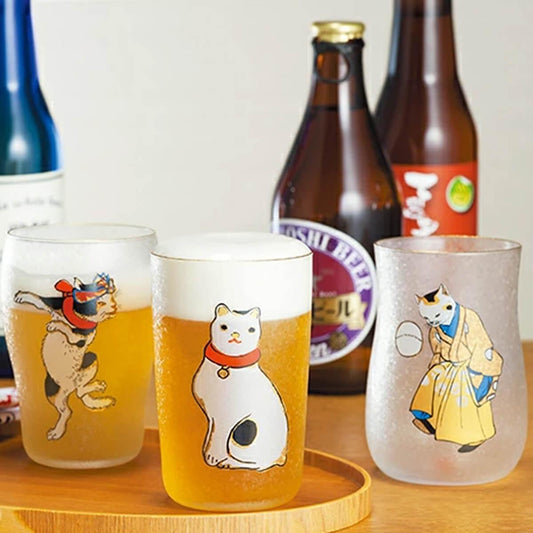 (3入木盒禮盒組)【日本Aderia】歌川國芳江戶貓浮世繪啤酒杯三件組 - MSA玻璃雕刻
