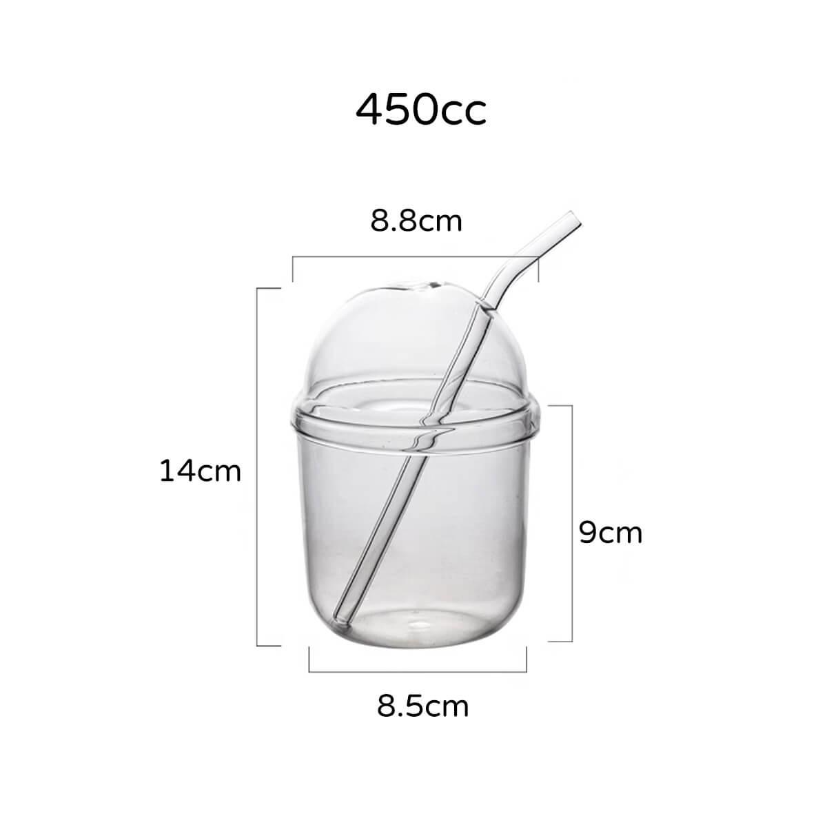 450cc【QQ杯】玻璃圓蓋吸管組奶茶玻璃杯(吸管口徑0.8cm)