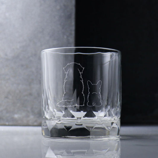 350cc【客製狗狗背影】(2隻寵物)鑽石紋寵物客製威士忌杯 黃金獵犬 法鬥 - MSA玻璃雕刻