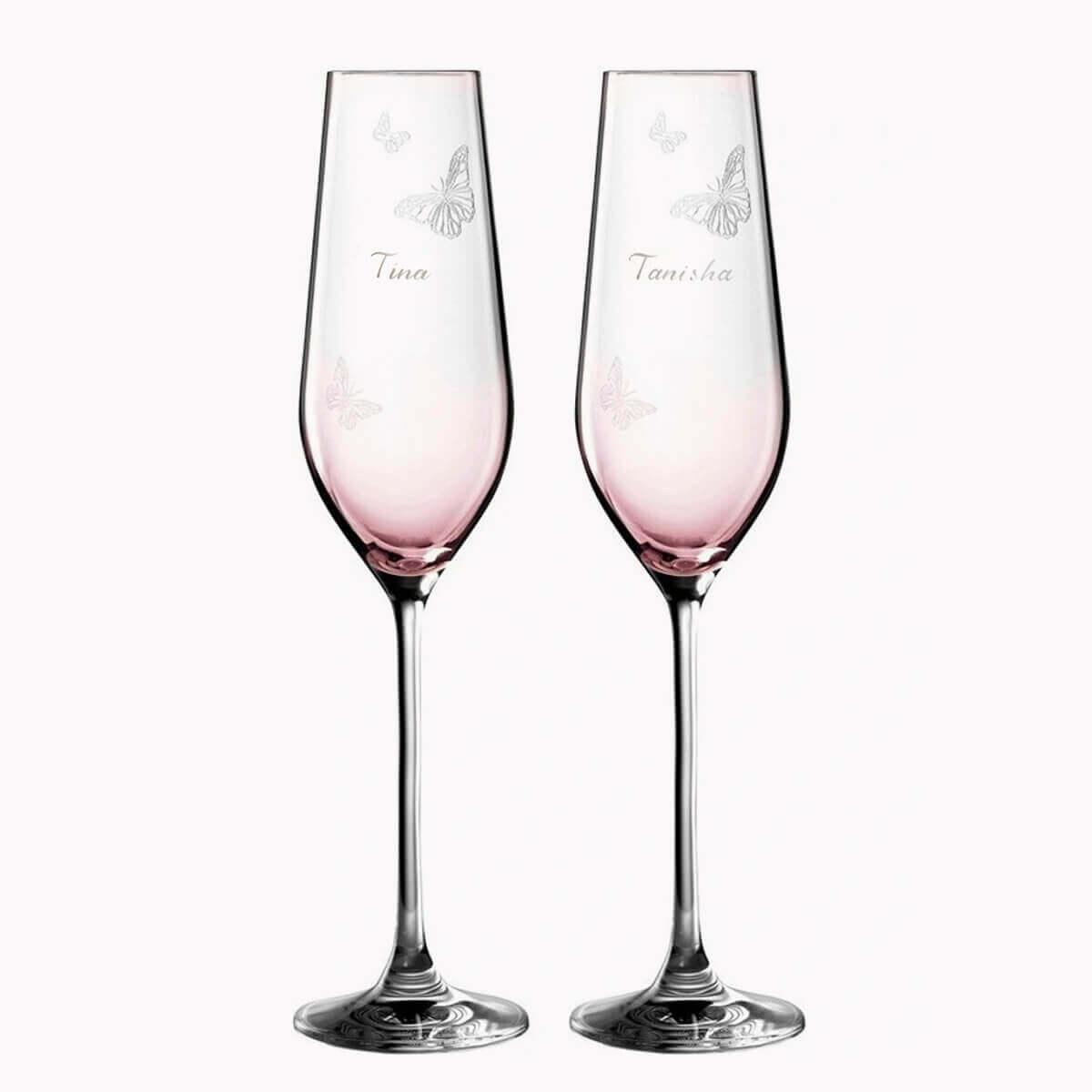 (一對價) 230cc【Royal Albert皇家阿爾伯特】米蘭達粉色蝴蝶香檳對杯 - MSA玻璃雕刻